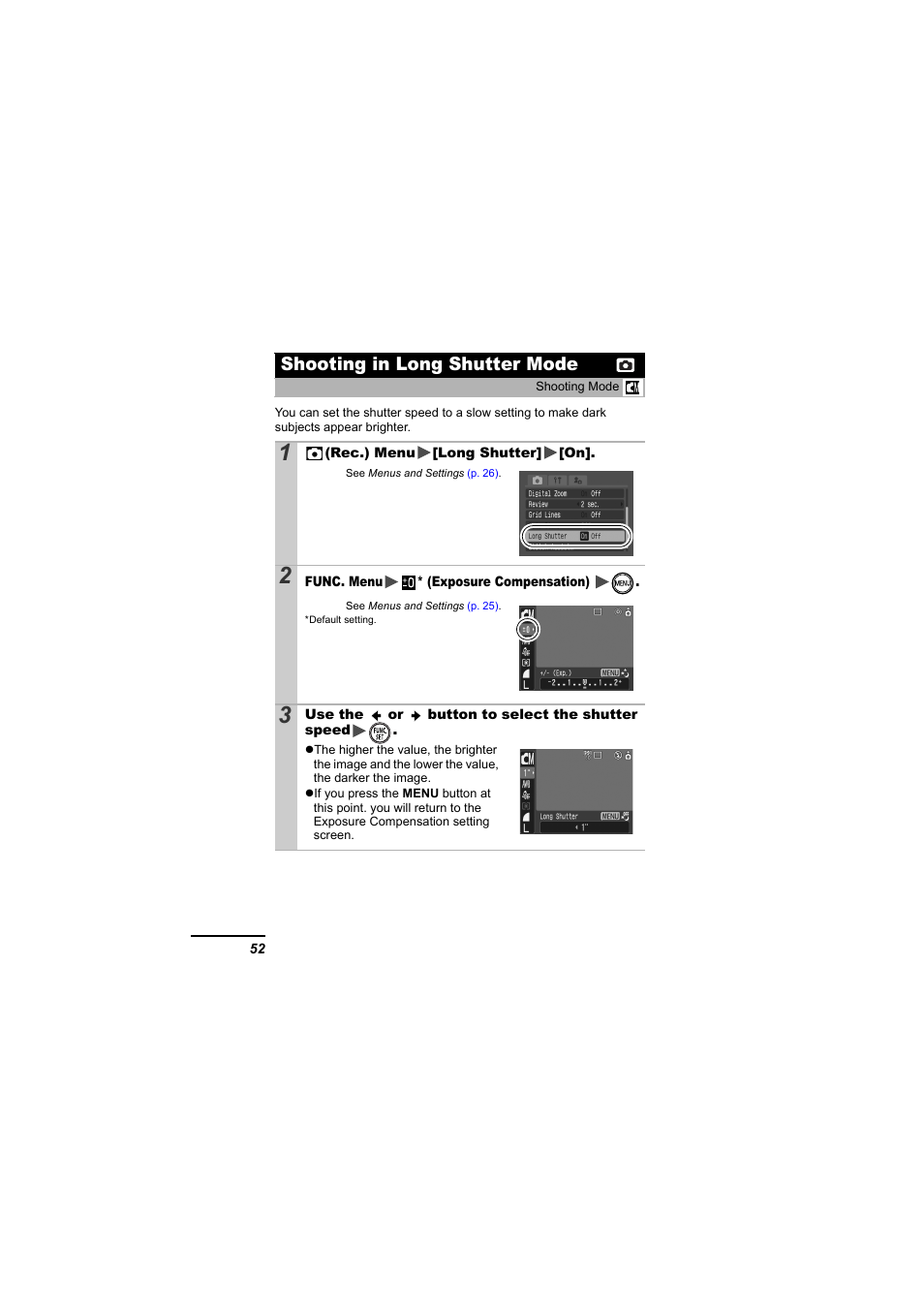 Shooting in long shutter mode, P. 52), P. 52 | Canon 65 User Manual | Page 54 / 138