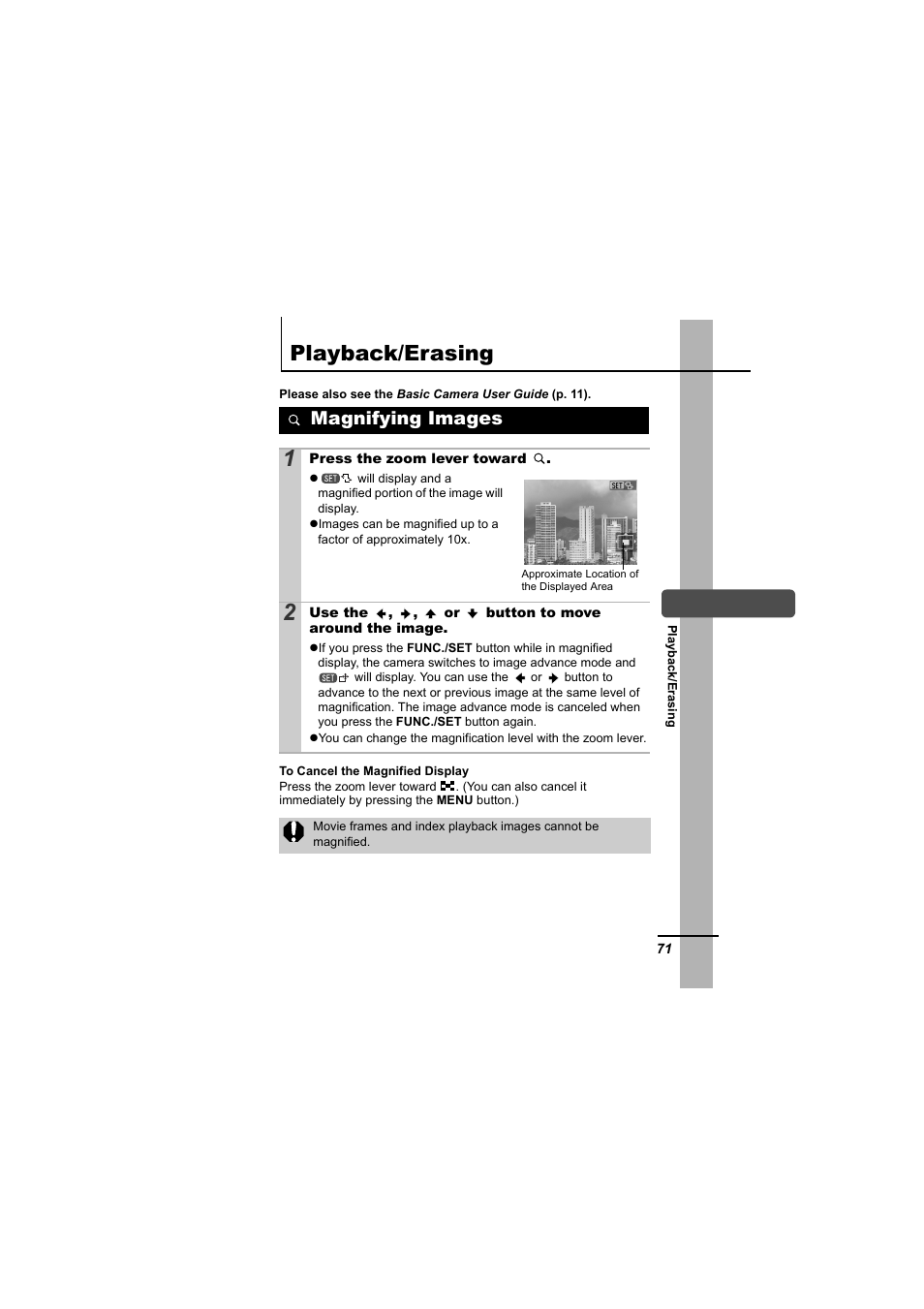 Playback/erasing, Magnifying images, P. 71 | Canon 65 User Manual | Page 73 / 138