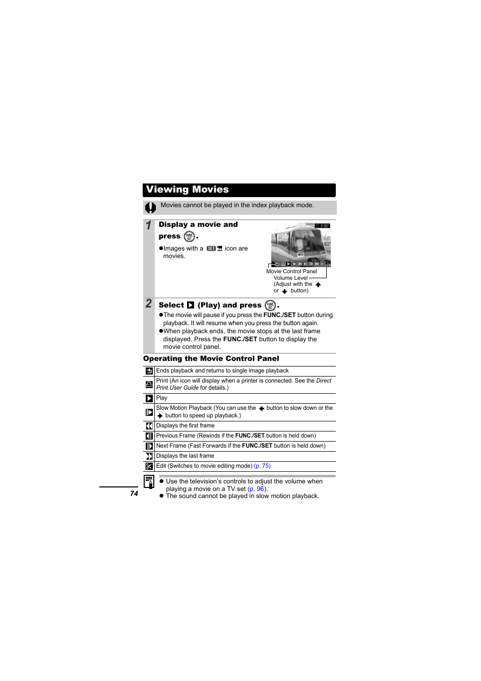 Viewing movies, P. 74) | Canon 65 User Manual | Page 76 / 138
