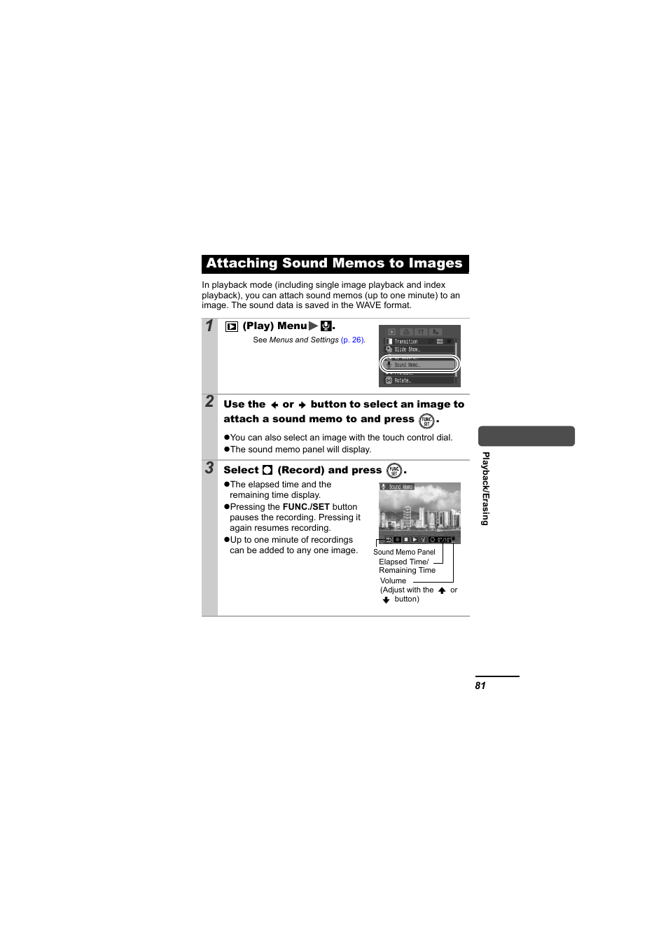 Attaching sound memos to images, P. 81), At sound | P. 81 | Canon 65 User Manual | Page 83 / 138