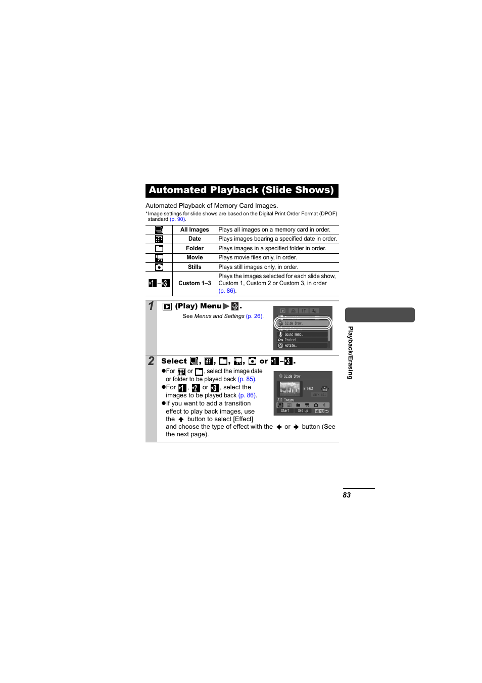 Automated playback (slide shows), P. 83 | Canon 65 User Manual | Page 85 / 138