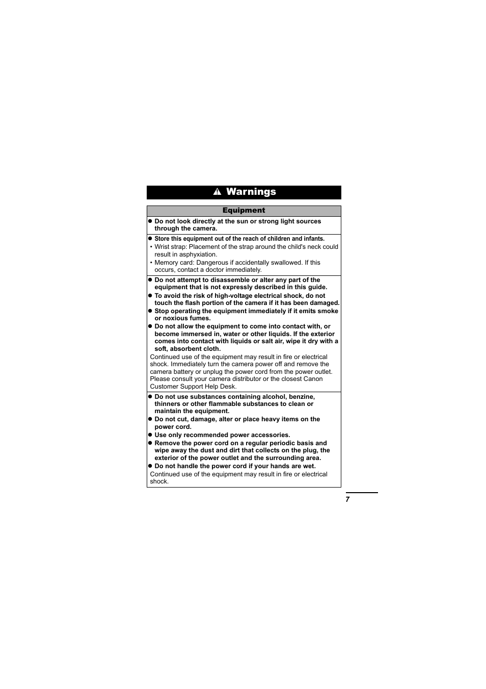 Warnings | Canon 65 User Manual | Page 9 / 138