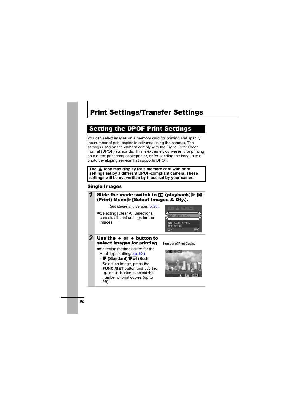 Print settings/transfer settings, Setting the dpof print settings, P. 90 | P. 90) | Canon 65 User Manual | Page 92 / 138