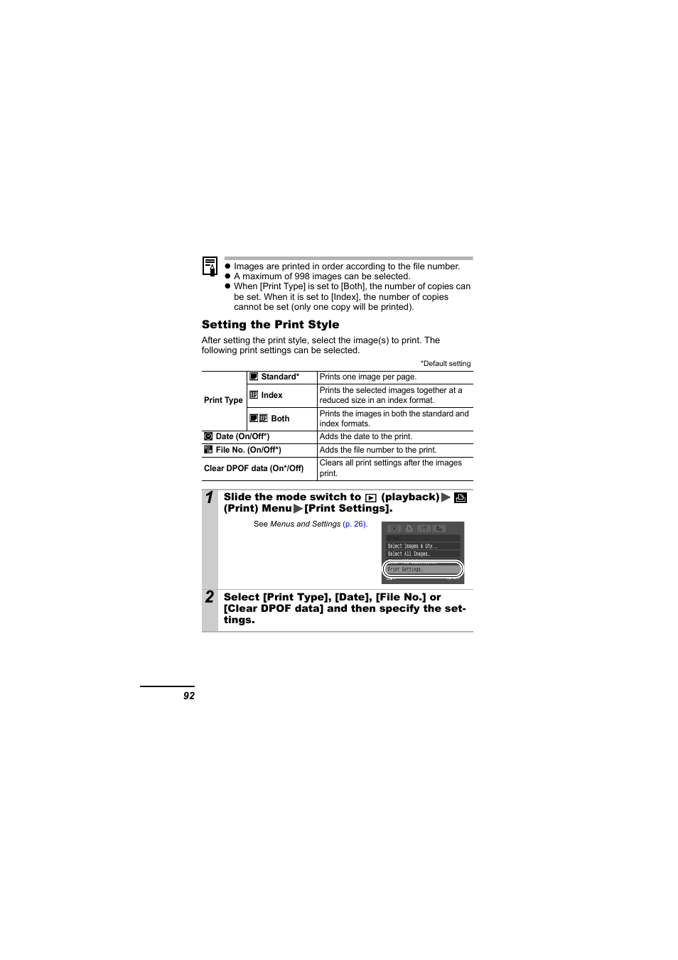 P. 92, Settings, P. 92) | Canon 65 User Manual | Page 94 / 138