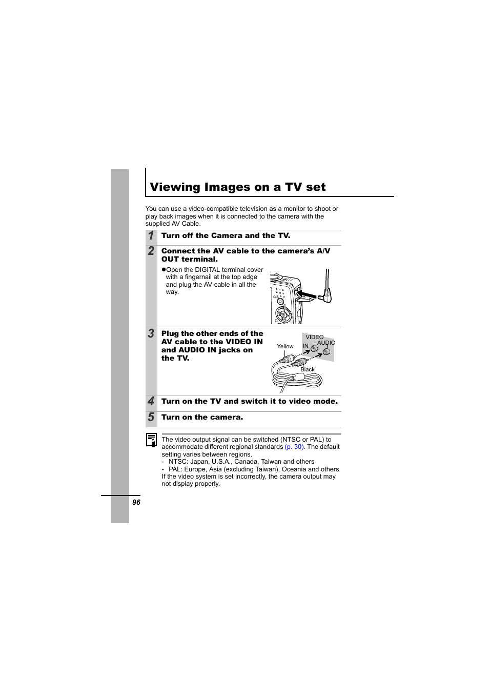 Viewing images on a tv set, P. 96), P. 96 | On a tv set | Canon 65 User Manual | Page 98 / 138