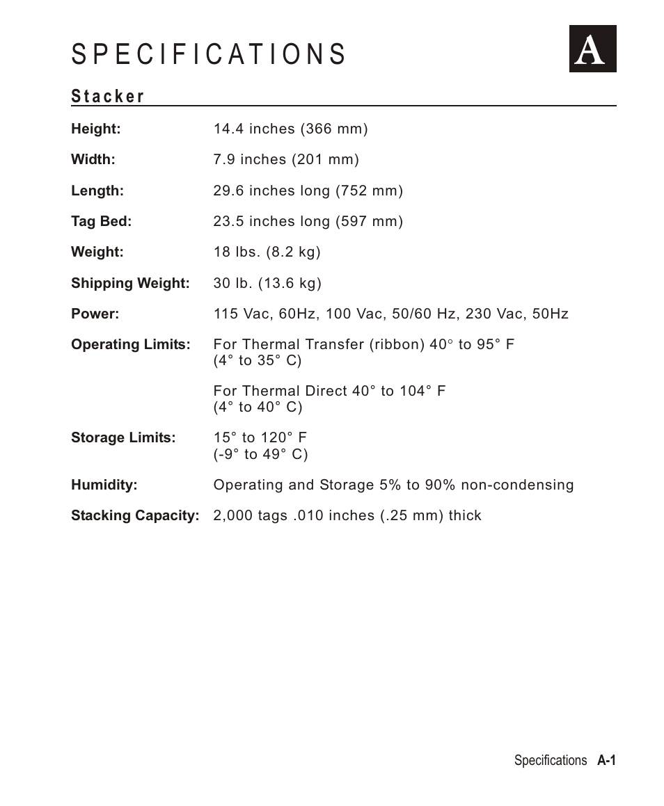 Specifications a-1, Stacker a-1 | Avery Dennison Monarch 932 Stacker User Manual | Page 21 / 24