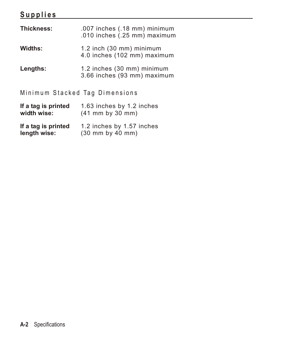 Supplies a-2, Minimum stacked tag dimensions a-2, Supplies | Avery Dennison Monarch 932 Stacker User Manual | Page 22 / 24