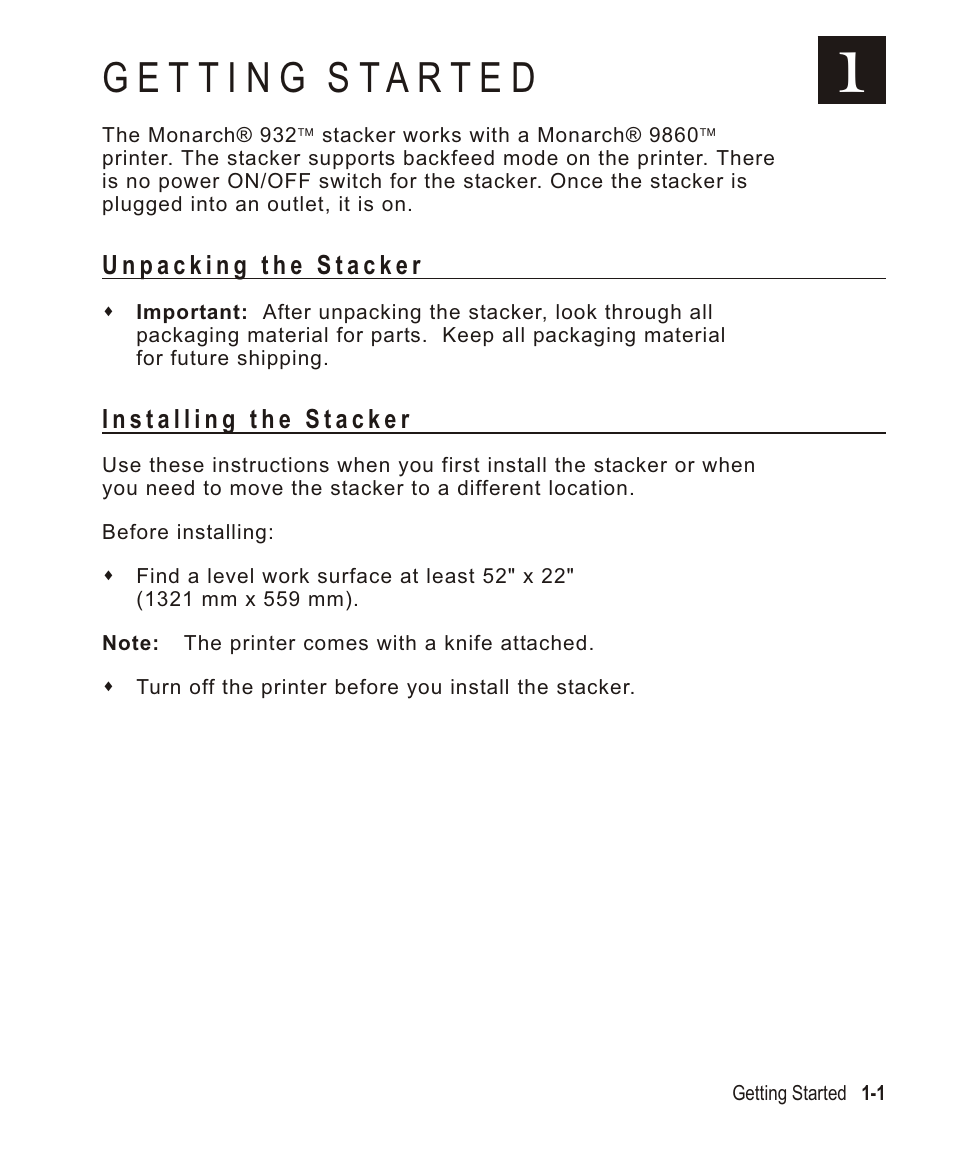 Getting started 1-1, Unpacking the stacker 1-1, Installing the stacker 1-1 | Getting started -1, Unpacking the stacker -1, Installing the stacker -1 | Avery Dennison Monarch 932 Stacker User Manual | Page 5 / 24