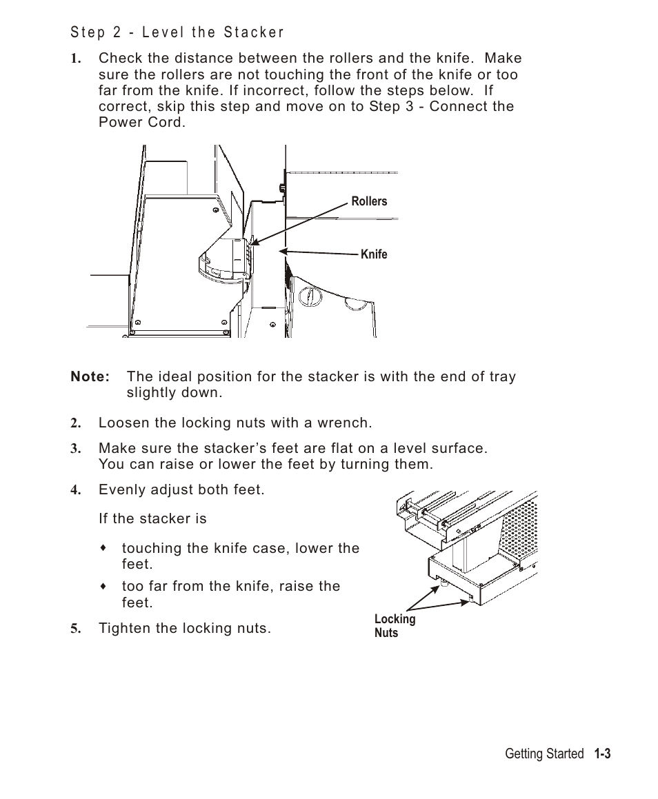 Step 2 - level the stacker 1-3, Step 2 - level the stacker -3 | Avery Dennison Monarch 932 Stacker User Manual | Page 7 / 24