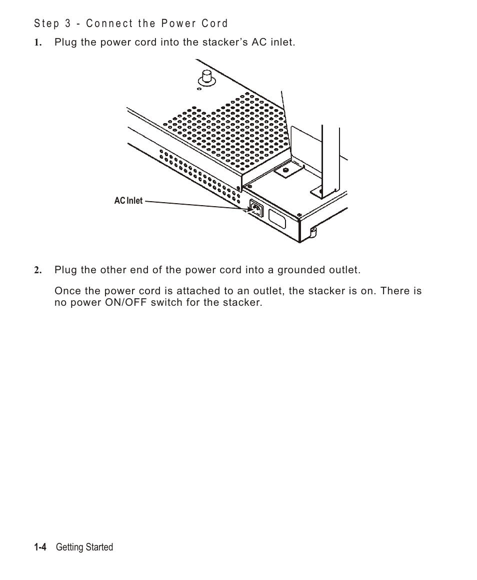 Step 3 - connect the power cord 1-4, Step 3 - connect the power cord -4 | Avery Dennison Monarch 932 Stacker User Manual | Page 8 / 24