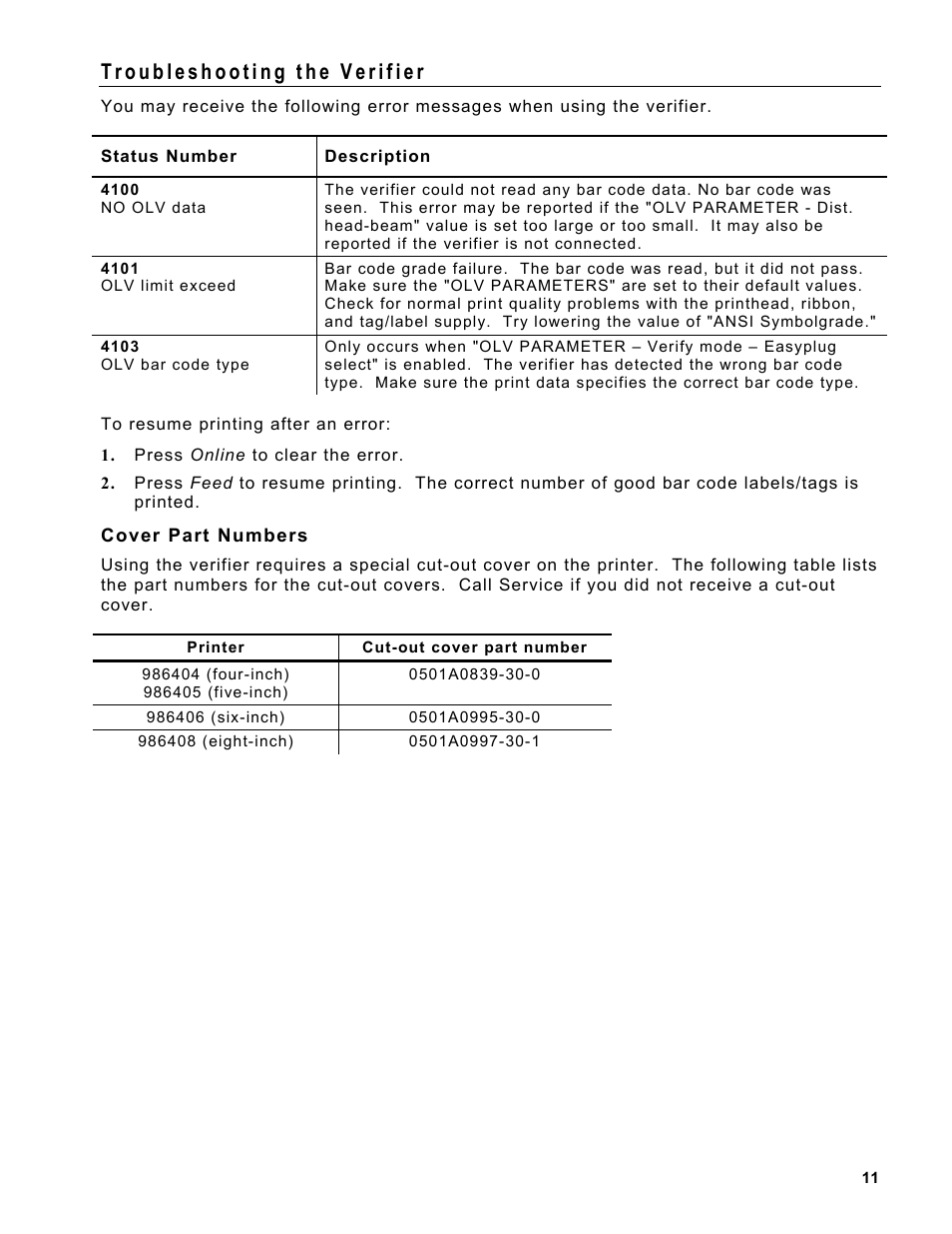 Troubleshooting the verifier, Cover part numbers | Avery Dennison Monarch 9864 Verifier User Manual | Page 11 / 12