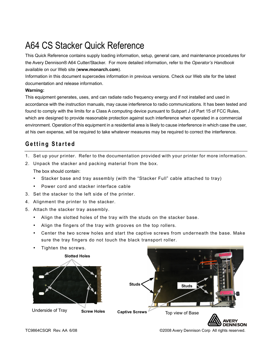 Avery Dennison A64 CS Stacker User Manual | 8 pages