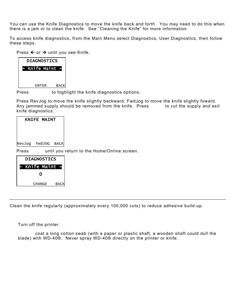 Using knife diagnostics, Cleaning the knife | Avery Dennison Monarch 9906 Knife User Manual | Page 5 / 6