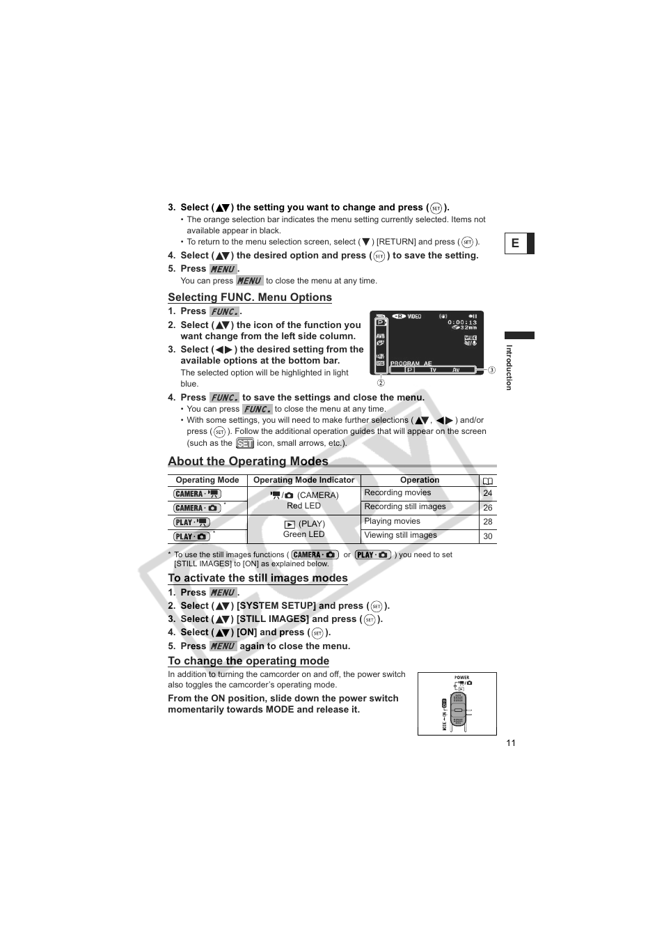 About the operating modes | Canon DC100  EN User Manual | Page 11 / 84