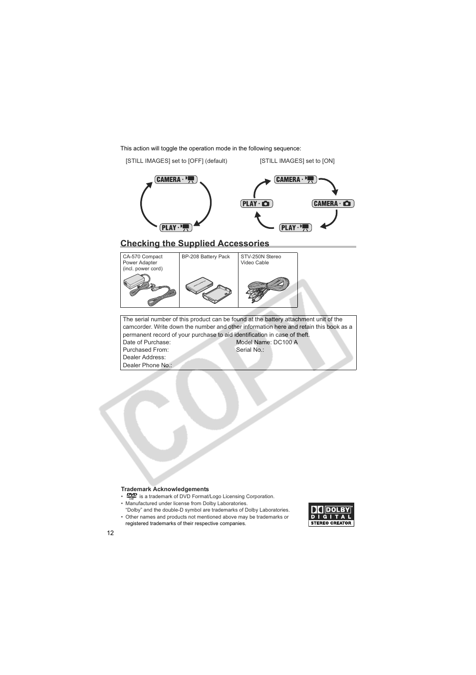 Checking the supplied accessories | Canon DC100  EN User Manual | Page 12 / 84