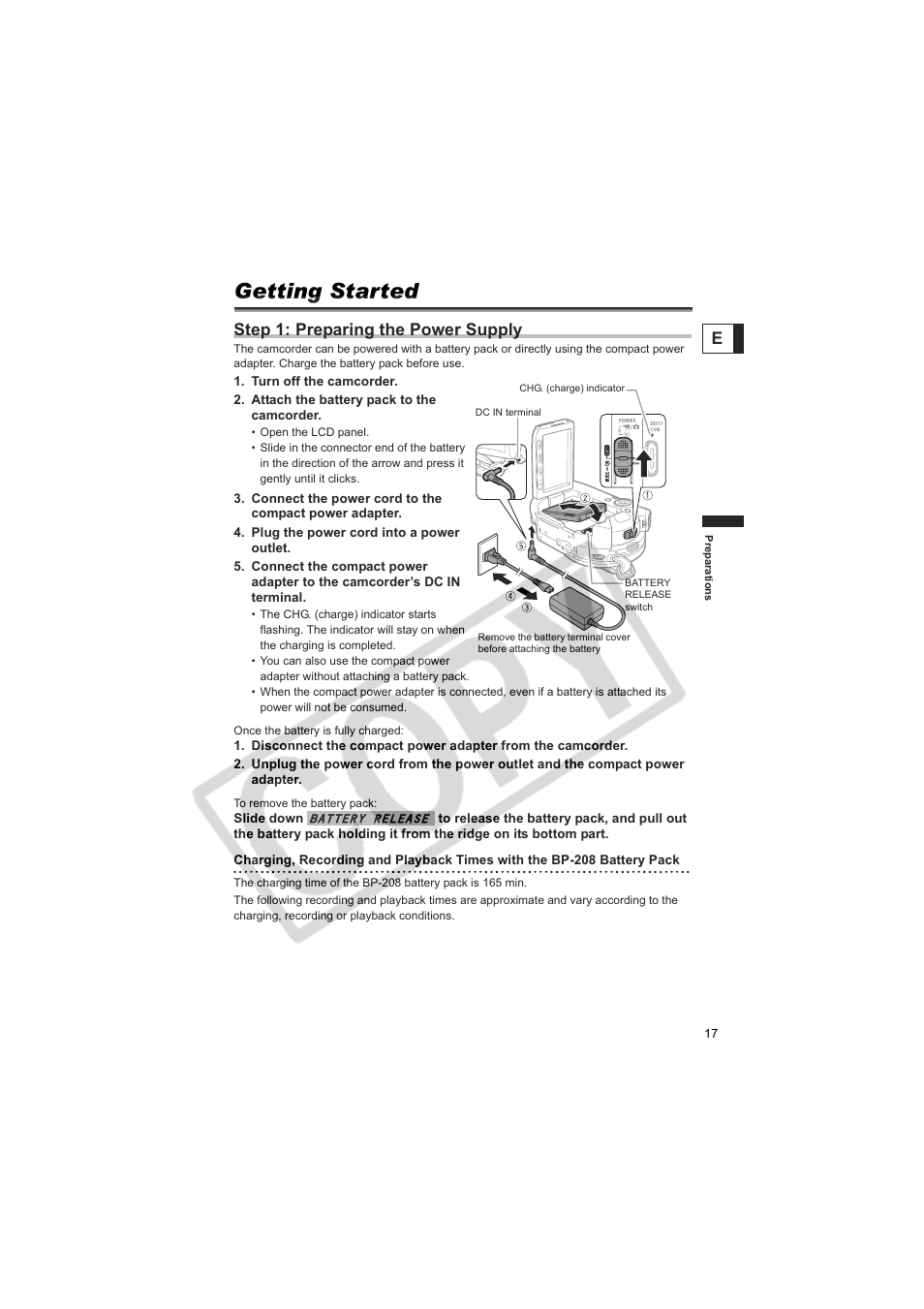 Getting started, Step 1: preparing the power supply | Canon DC100  EN User Manual | Page 17 / 84