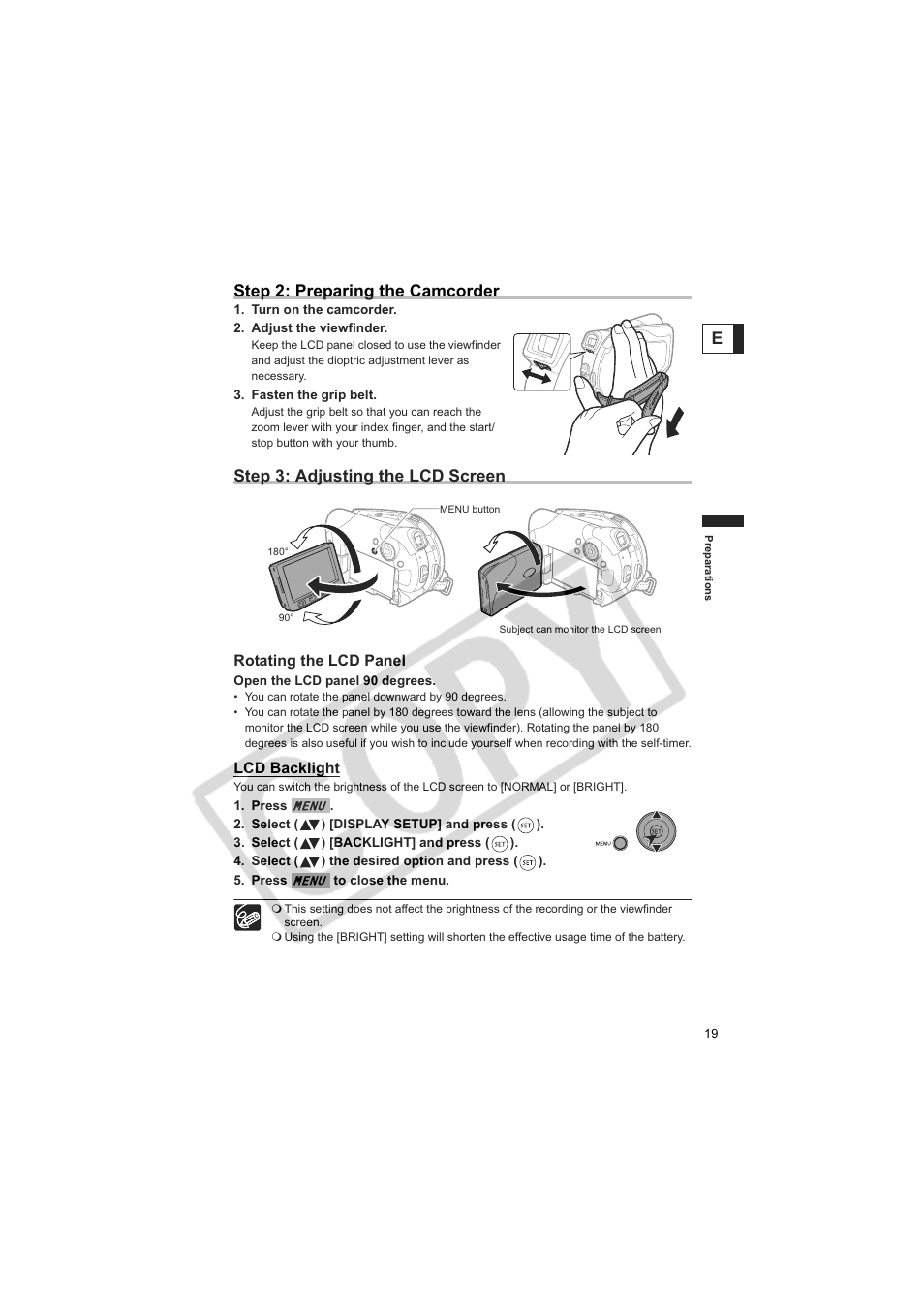 Estep 2: preparing the camcorder, Step 3: adjusting the lcd screen | Canon DC100  EN User Manual | Page 19 / 84