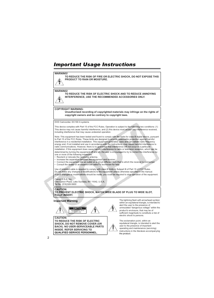 Psruwdqw8vdjh,qvwuxfwlrqv | Canon DC100  EN User Manual | Page 2 / 84