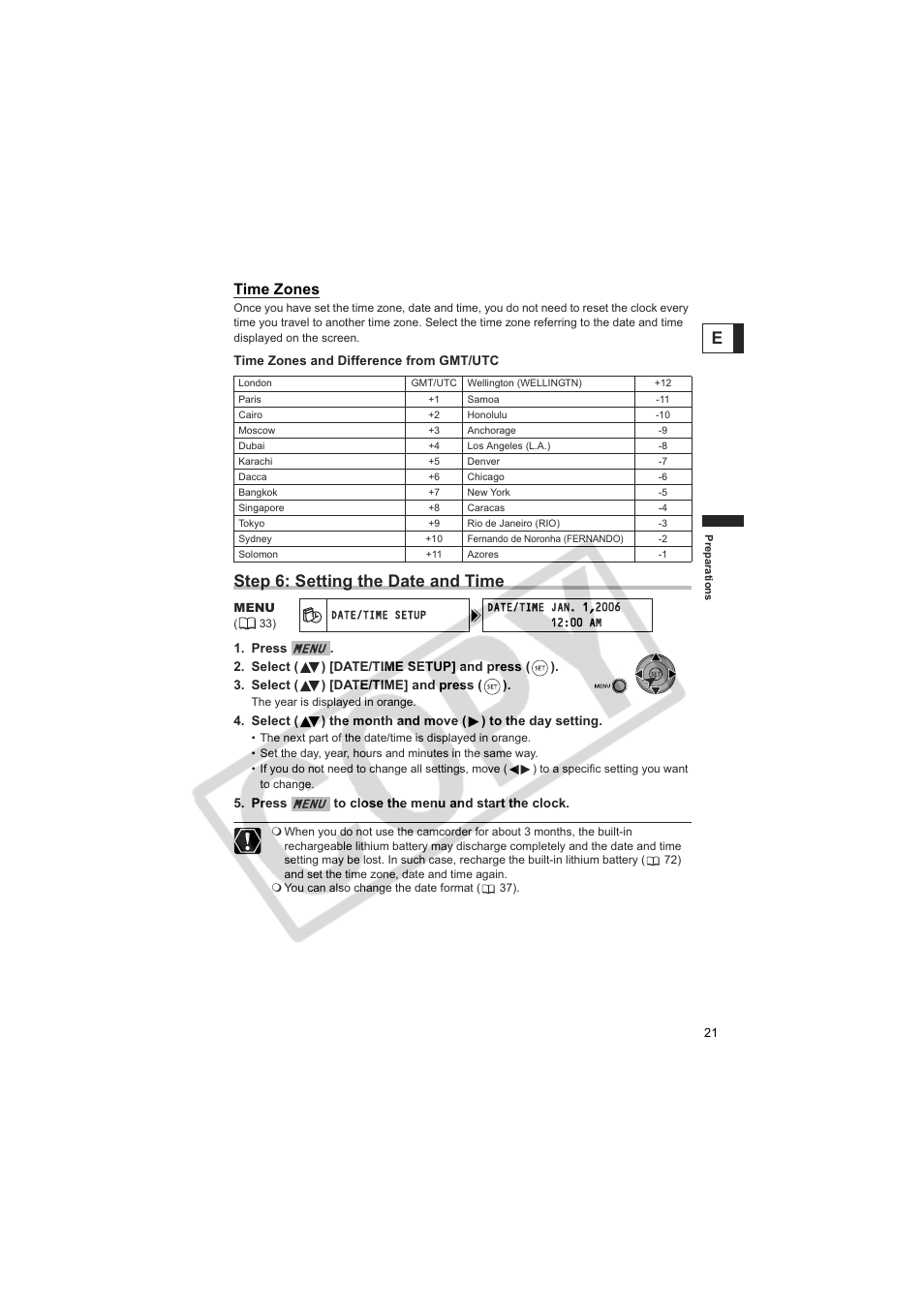 Step 6: setting the date and time, Time zones | Canon DC100  EN User Manual | Page 21 / 84