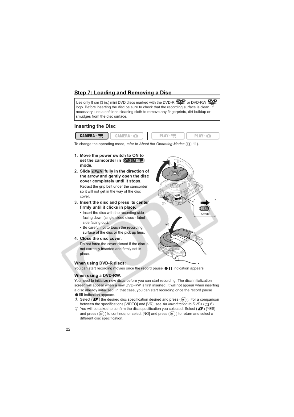 Step 7: loading and removing a disc | Canon DC100  EN User Manual | Page 22 / 84