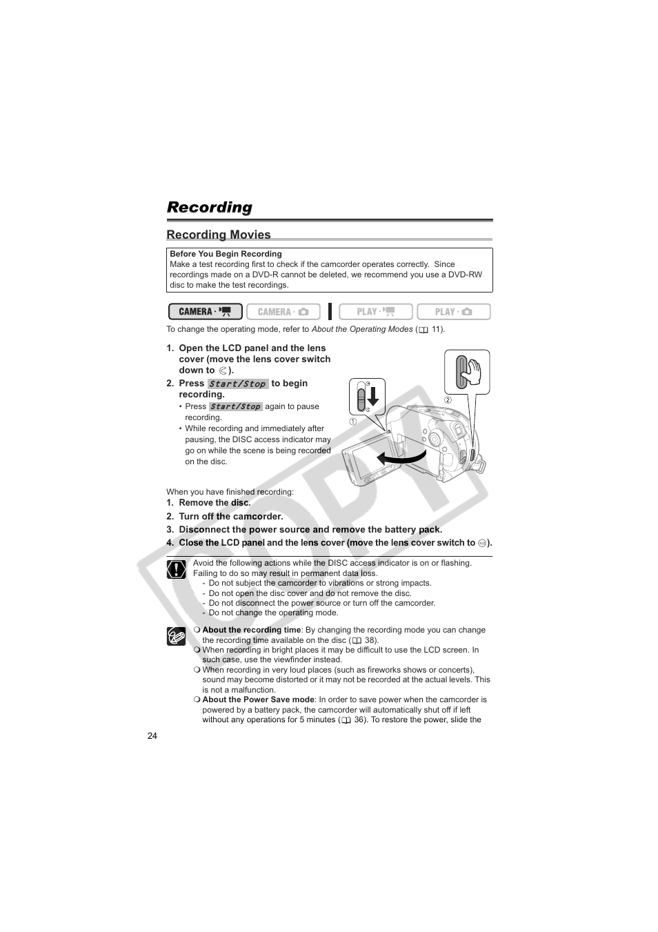 Recording, Recording movies | Canon DC100  EN User Manual | Page 24 / 84