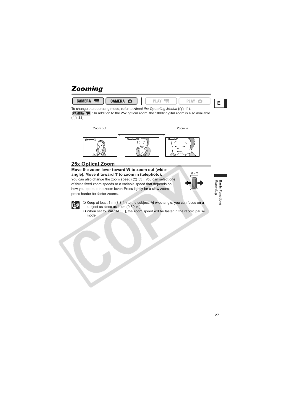 Zooming, 25x optical zoom | Canon DC100  EN User Manual | Page 27 / 84