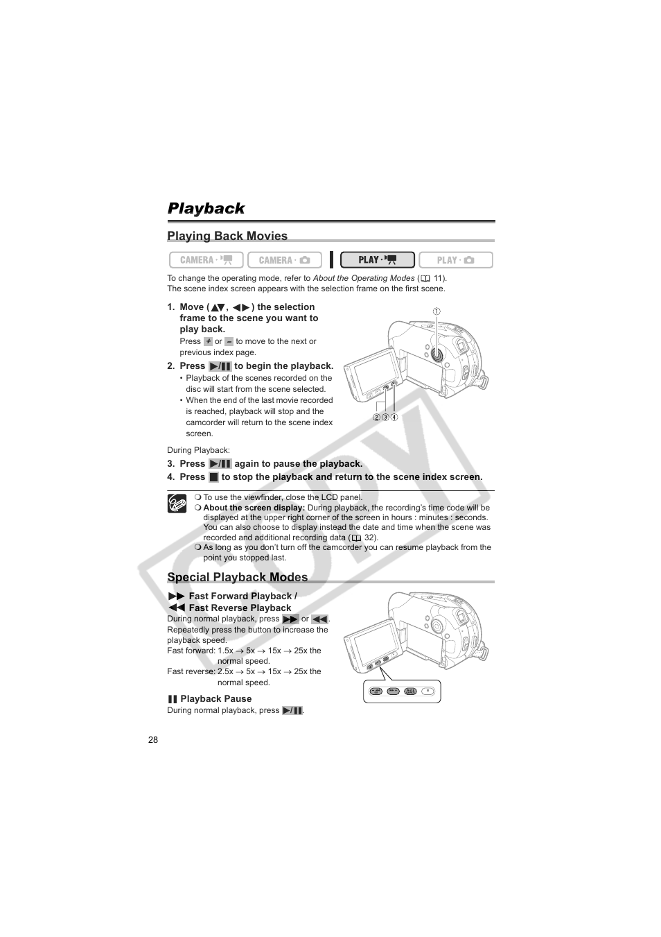 Playback, Playing back movies, Special playback modes | Canon DC100  EN User Manual | Page 28 / 84