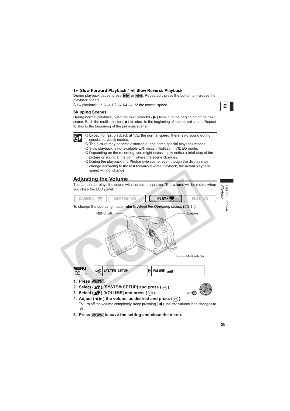 Adjusting the volume | Canon DC100  EN User Manual | Page 29 / 84