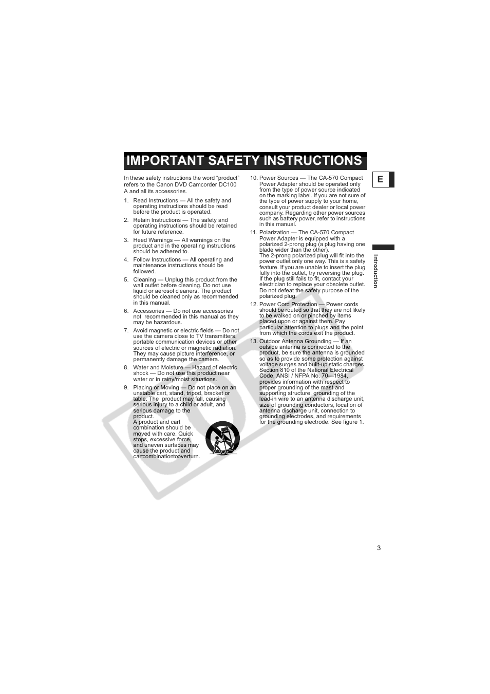 Important safety instructions | Canon DC100  EN User Manual | Page 3 / 84