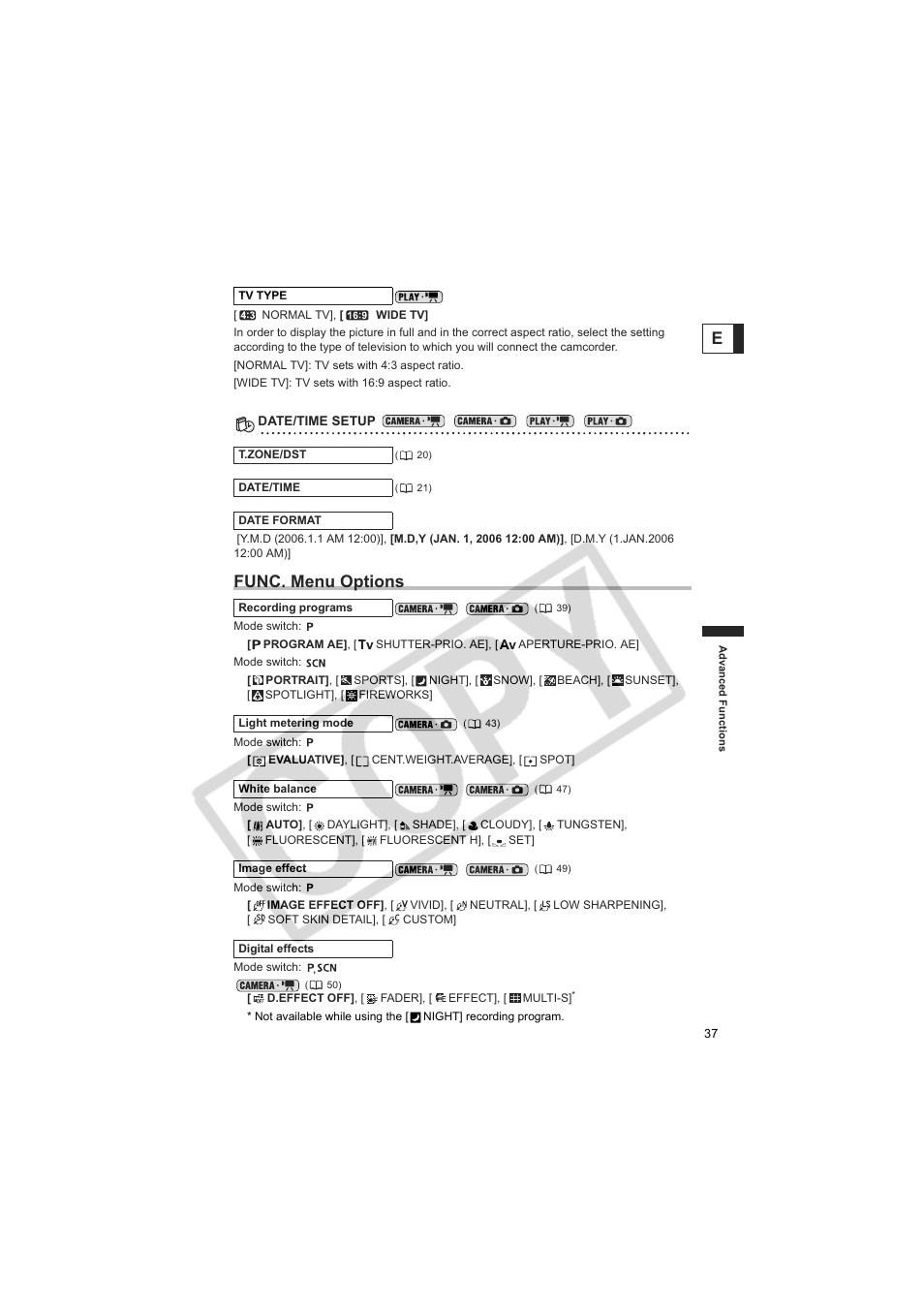 Func. menu options | Canon DC100  EN User Manual | Page 37 / 84