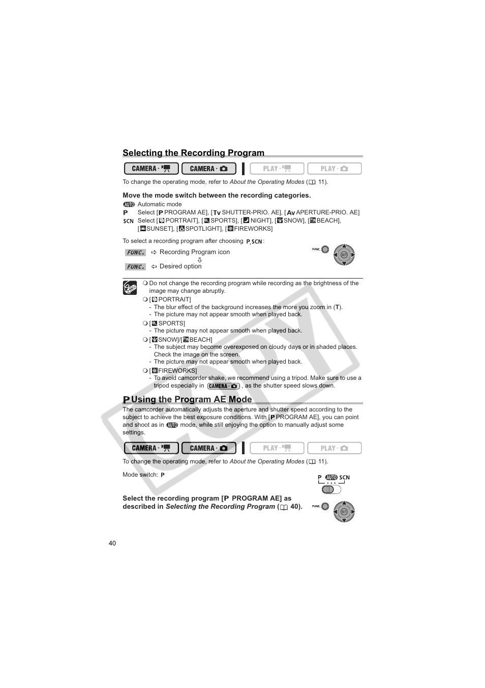 Selecting the recording program, Using the program ae mode | Canon DC100  EN User Manual | Page 40 / 84