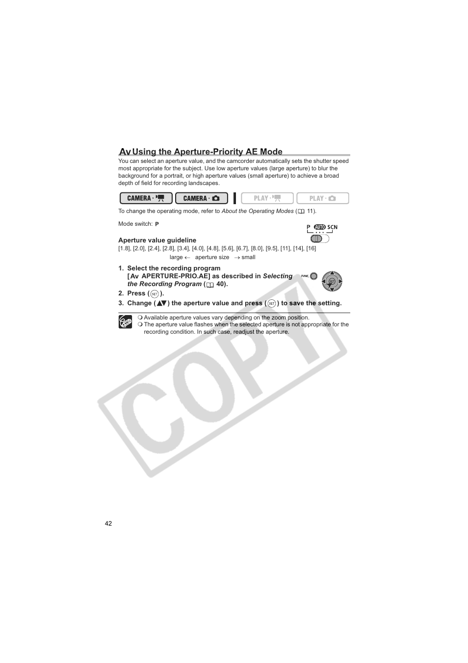 Using the aperture-priority ae mode | Canon DC100  EN User Manual | Page 42 / 84