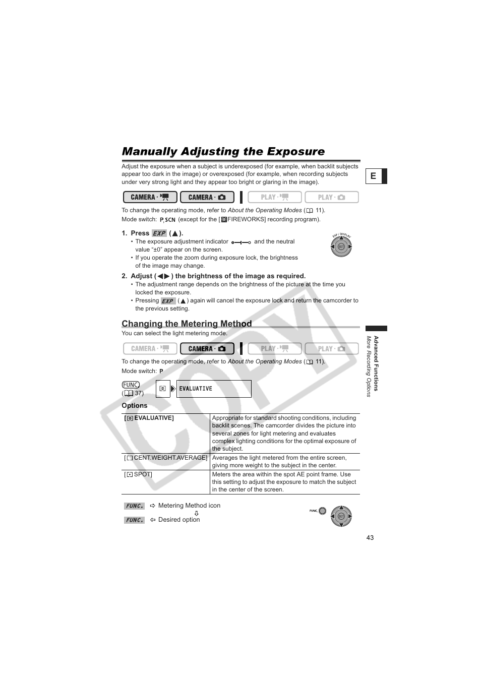 Manually adjusting the exposure, Changing the metering method | Canon DC100  EN User Manual | Page 43 / 84