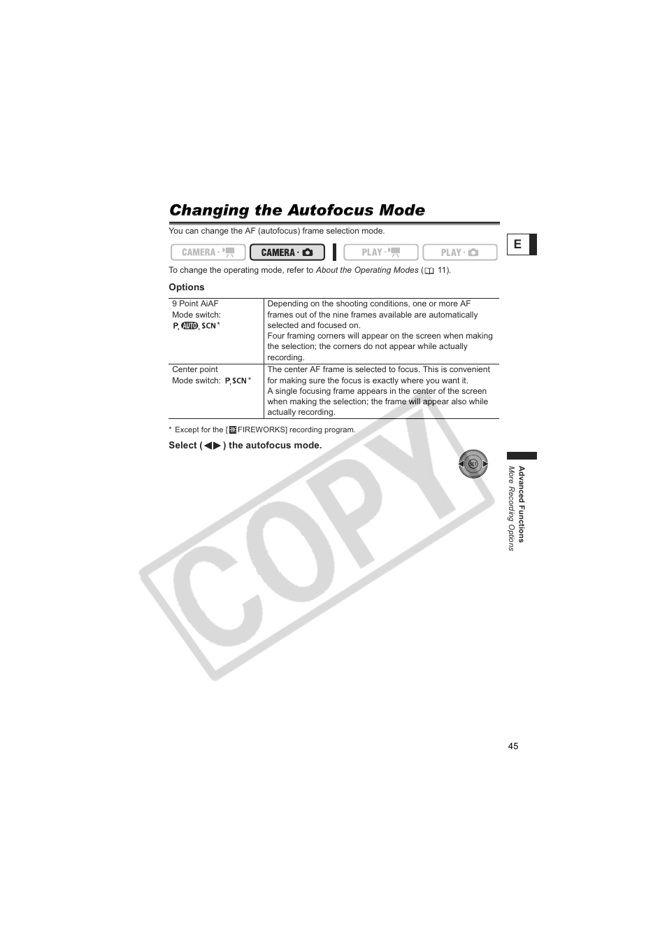 Changing the autofocus mode | Canon DC100  EN User Manual | Page 45 / 84