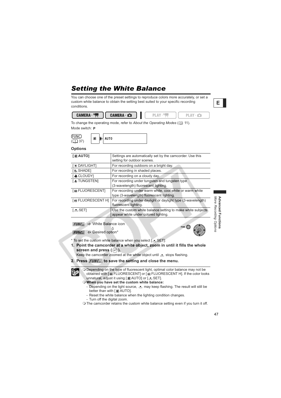 Setting the white balance | Canon DC100  EN User Manual | Page 47 / 84