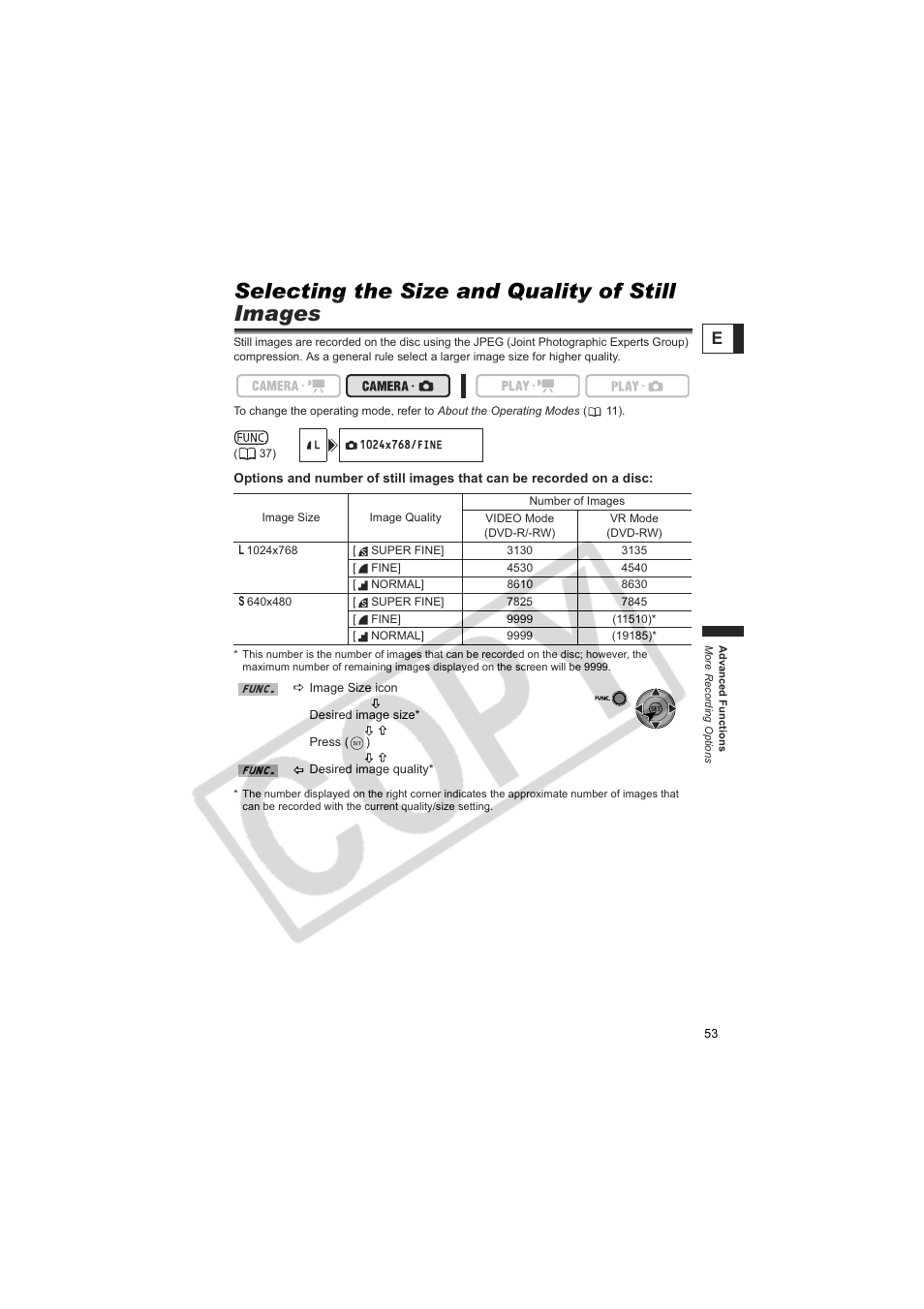 Selecting the size and quality of still images | Canon DC100  EN User Manual | Page 53 / 84