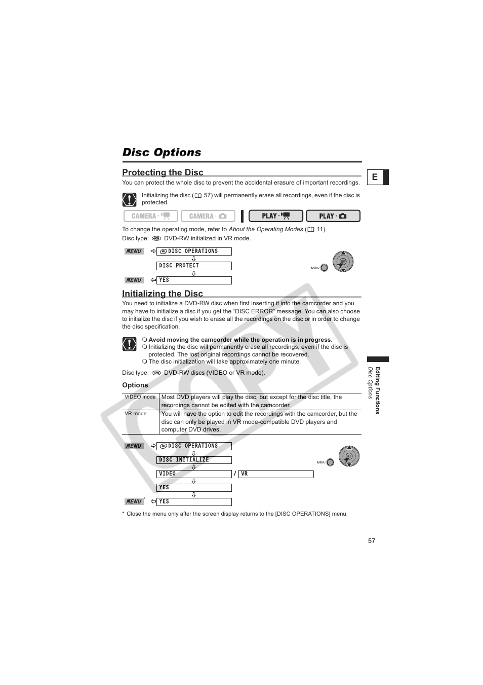 Disc options, Protecting the disc, Initializing the disc | Canon DC100  EN User Manual | Page 57 / 84