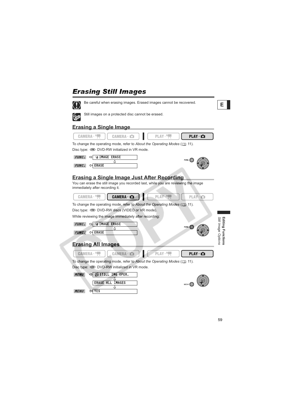 Erasing still images, Erasing a single image, Erasing a single image just after recording | Erasing all images | Canon DC100  EN User Manual | Page 59 / 84