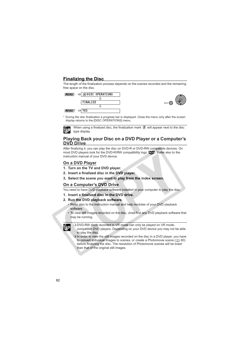 Finalizing the disc | Canon DC100  EN User Manual | Page 62 / 84