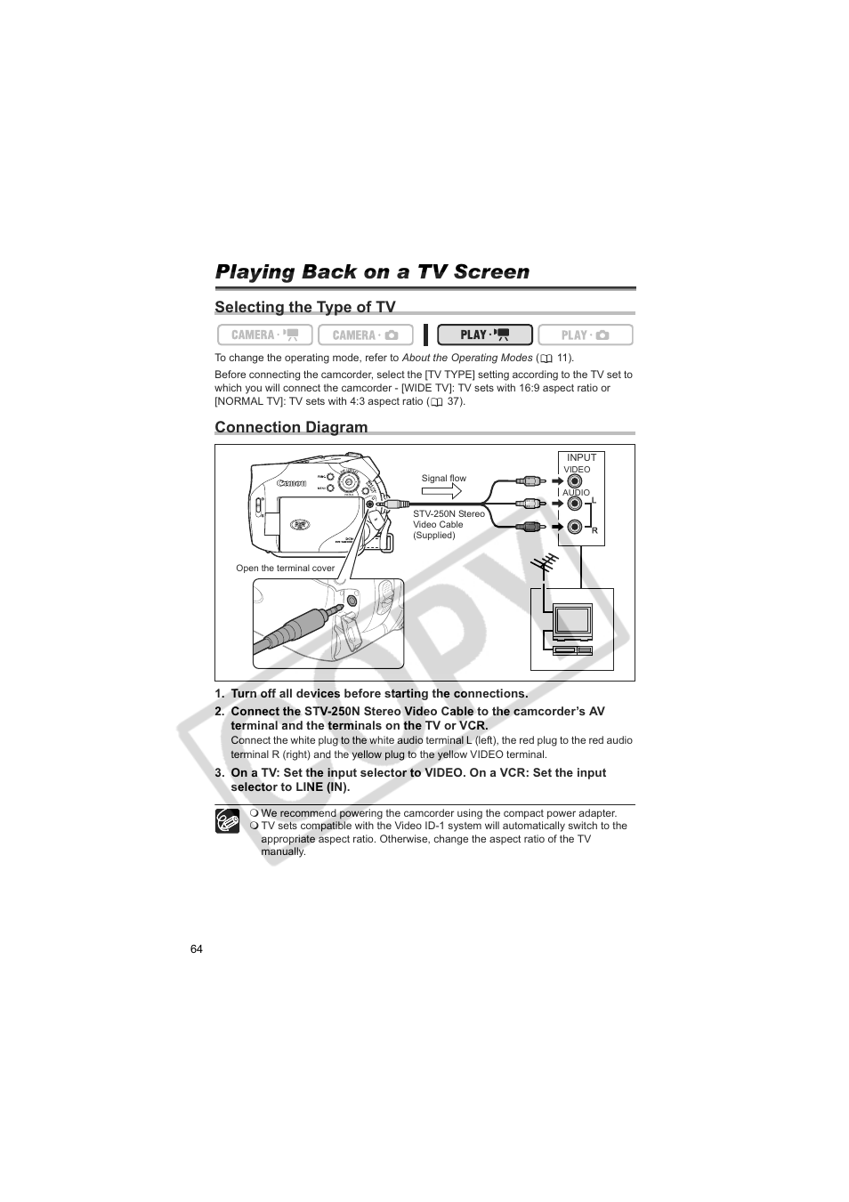 Playing back on a tv screen, Selecting the type of tv, Connection diagram | Canon DC100  EN User Manual | Page 64 / 84
