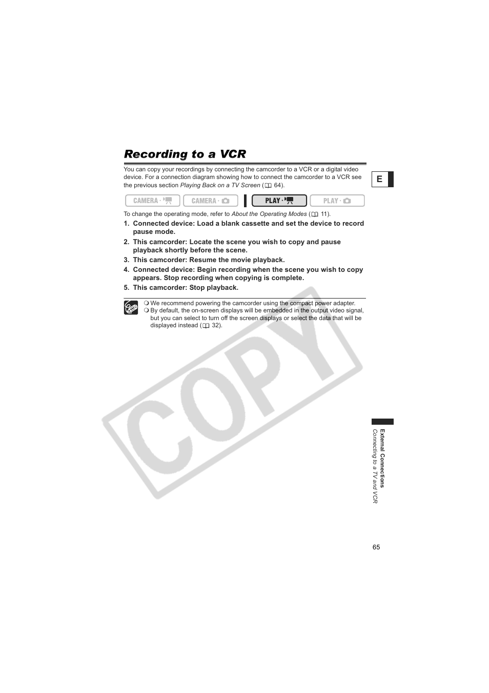 Recording to a vcr | Canon DC100  EN User Manual | Page 65 / 84