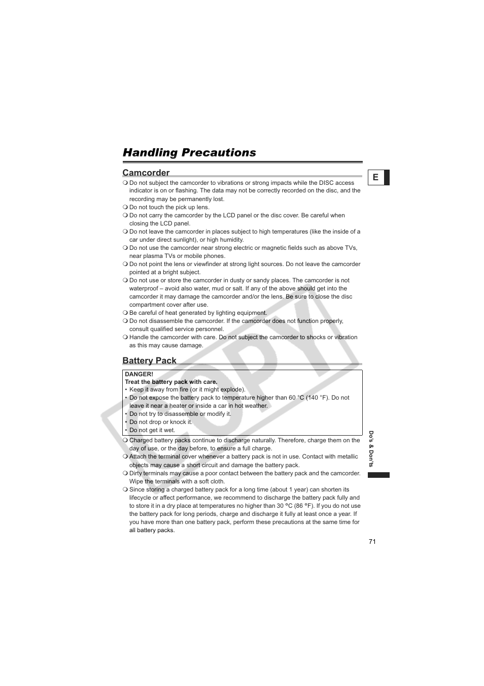 Handling precautions, Camcorder, Battery pack | Canon DC100  EN User Manual | Page 71 / 84