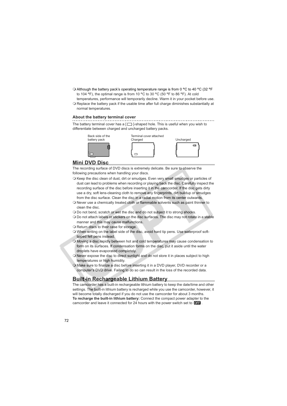 Mini dvd disc, Built-in rechargeable lithium battery | Canon DC100  EN User Manual | Page 72 / 84