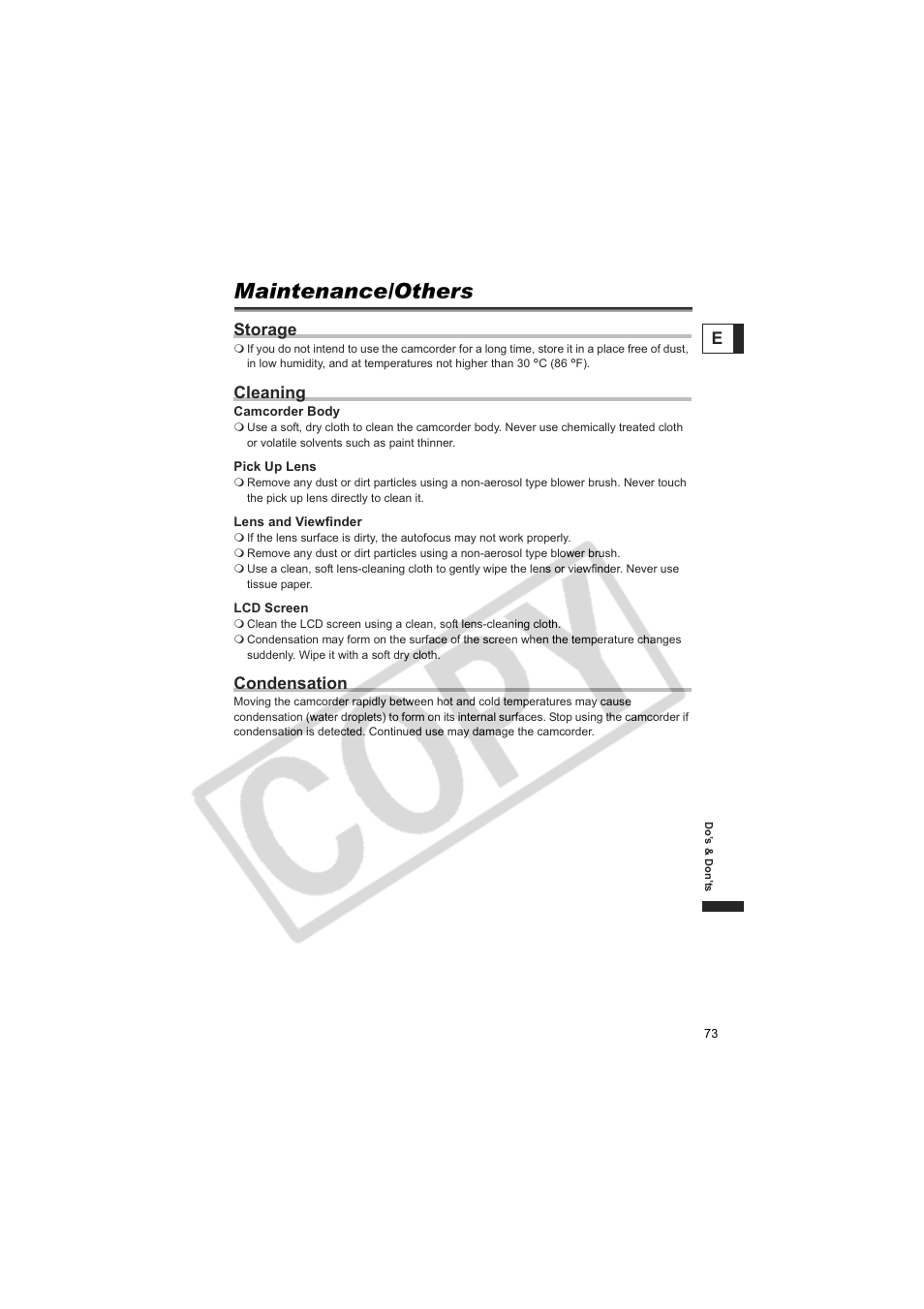 Maintenance/others, Storage, Cleaning | Condensation | Canon DC100  EN User Manual | Page 73 / 84