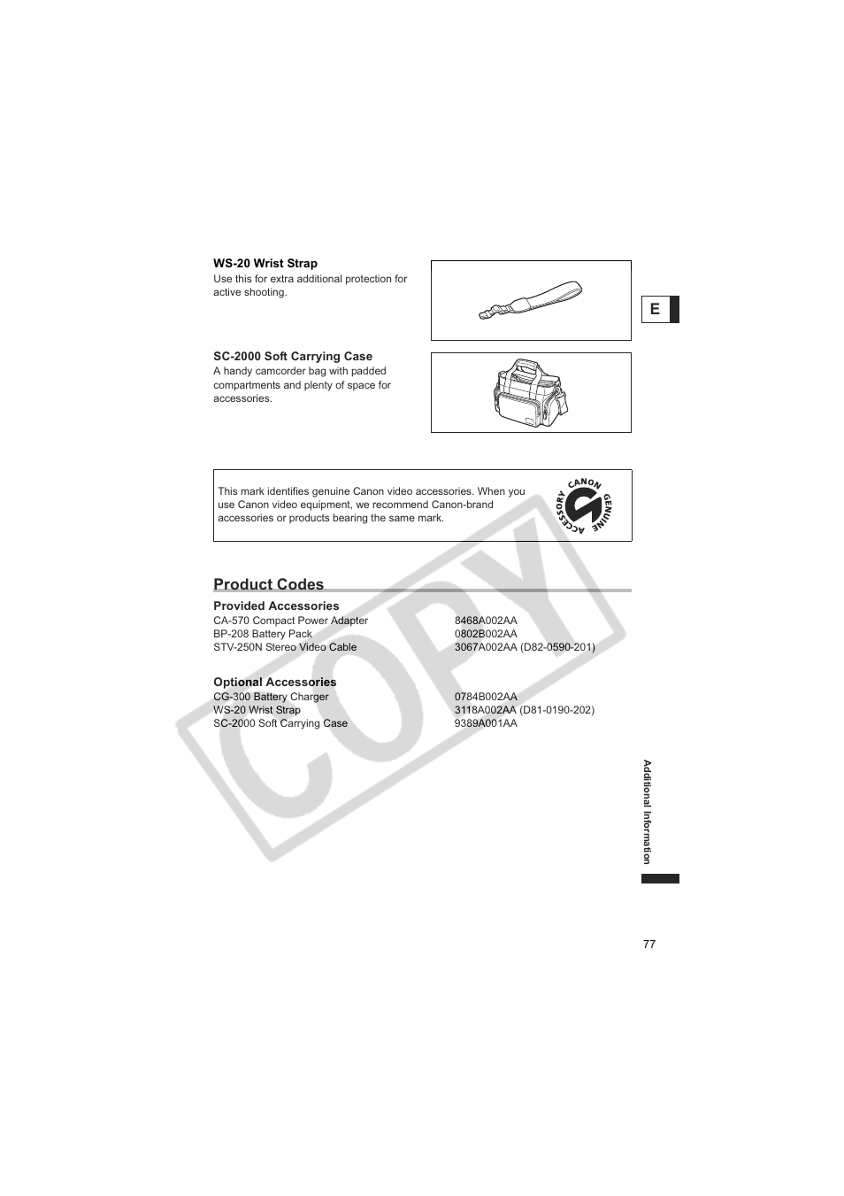 Product codes | Canon DC100  EN User Manual | Page 77 / 84