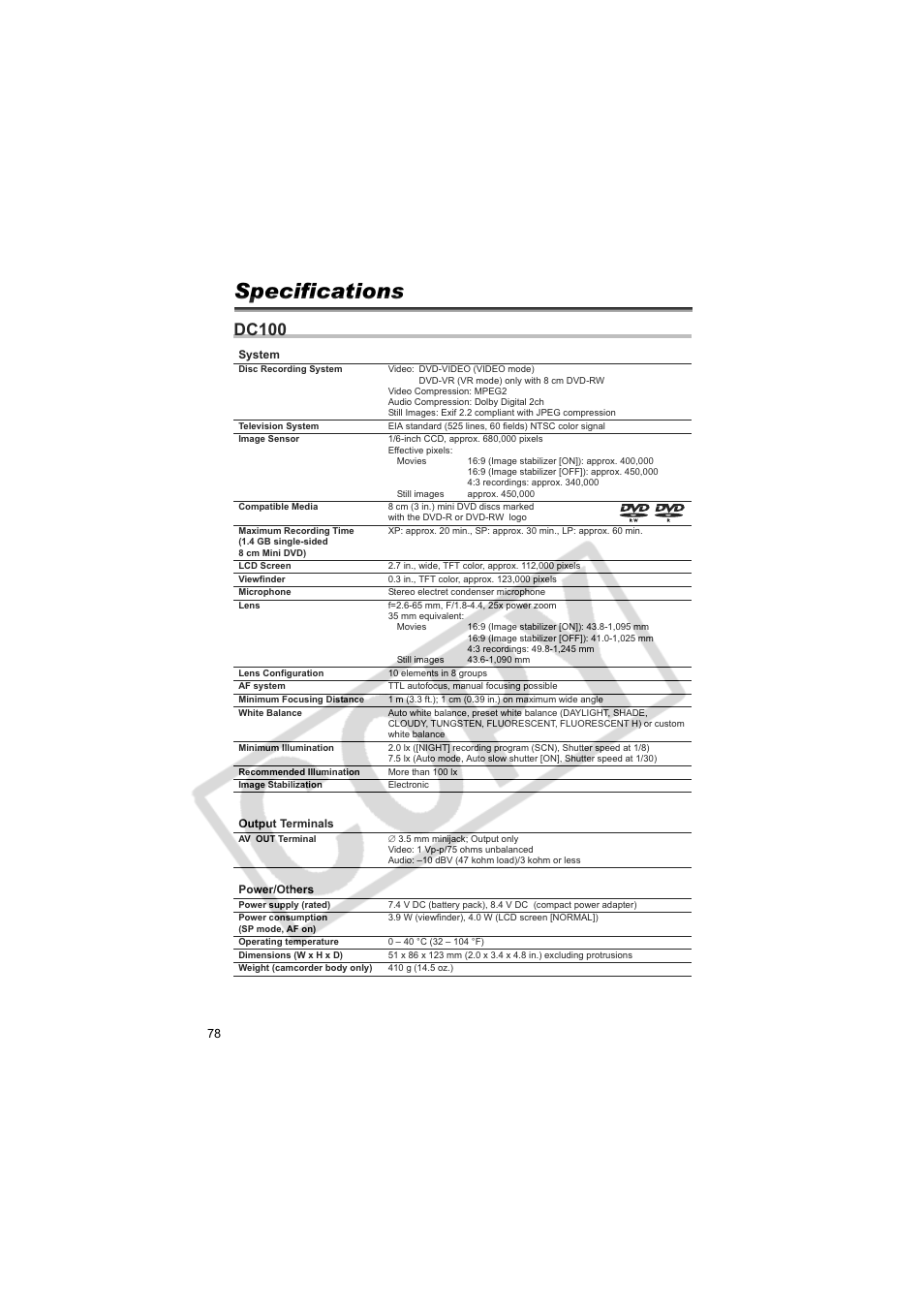 Specifications, Dc100 | Canon DC100  EN User Manual | Page 78 / 84