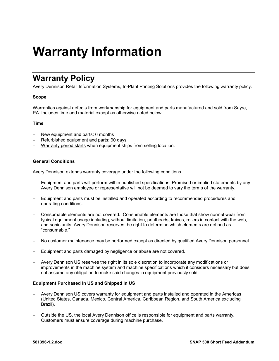 Warranty information, Warranty policy | Avery Dennison SNAP 500 Short Feed User Manual | Page 5 / 24