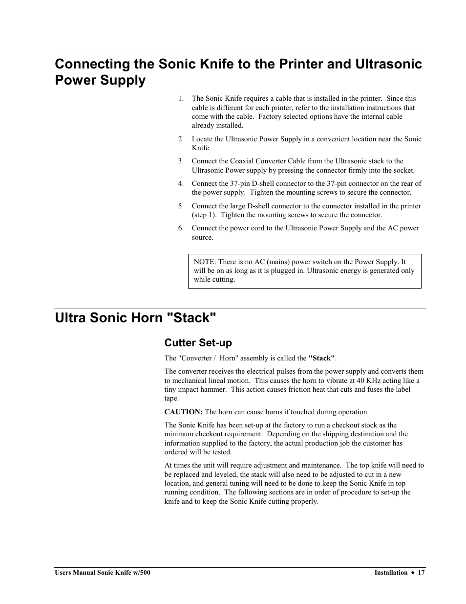 Ultra sonic horn "stack, Cutter set-up | Avery Dennison SNAP Sonic Knife User Manual | Page 17 / 53