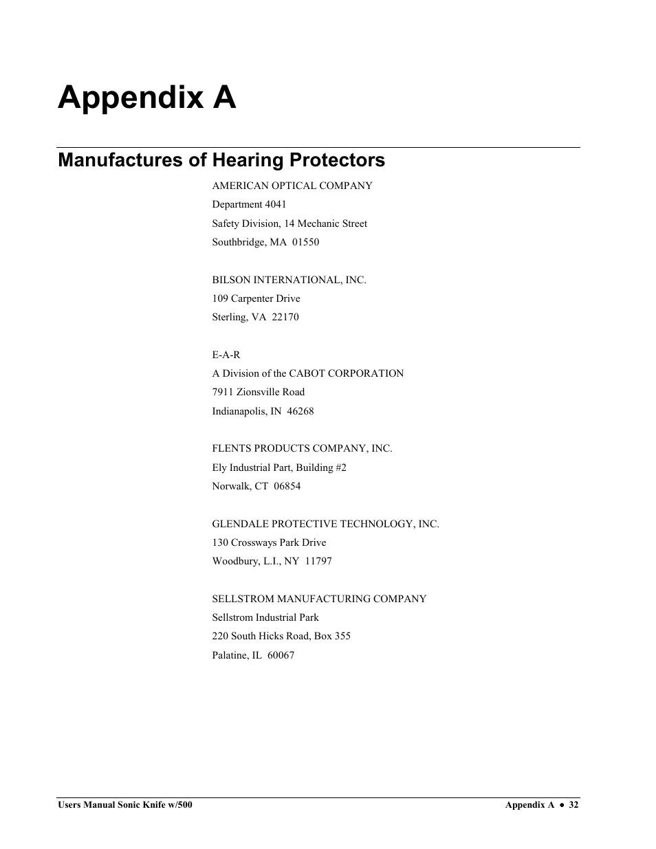 Appendix a, Manufactures of hearing protectors | Avery Dennison SNAP Sonic Knife User Manual | Page 32 / 53