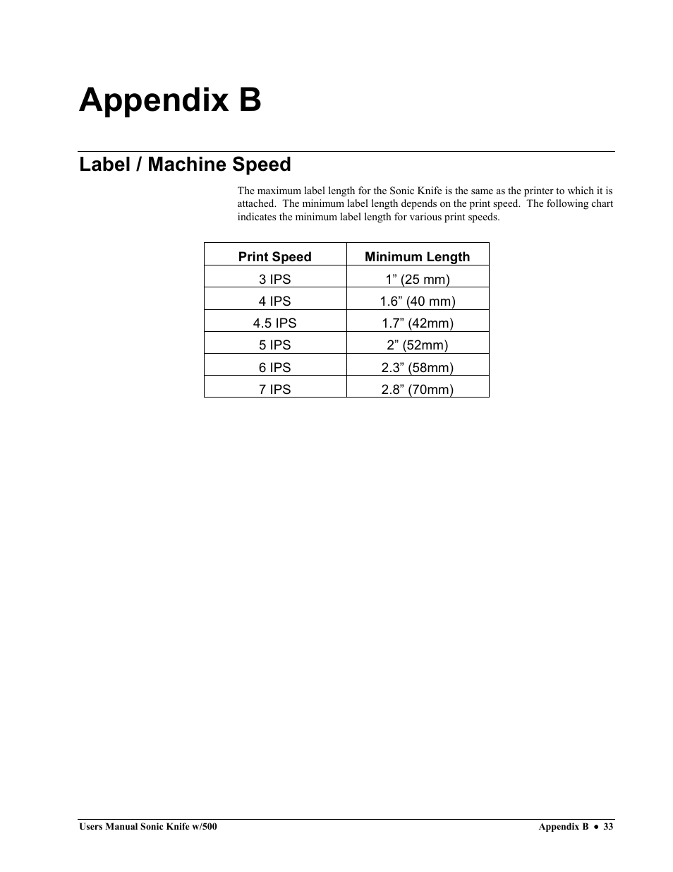 Appendix b, Label / machine speed | Avery Dennison SNAP Sonic Knife User Manual | Page 33 / 53